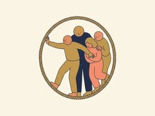 A minimalist illustration of four stylized figures supporting each other inside a circular rope.