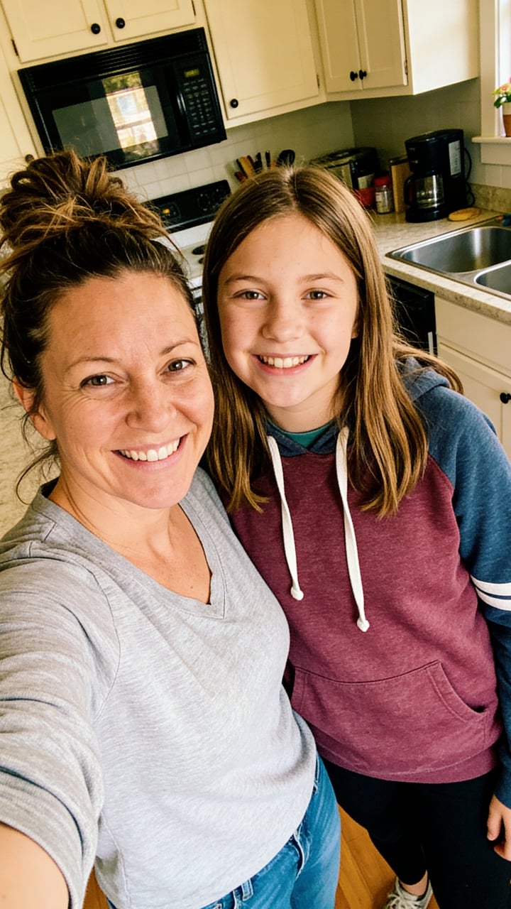 An adult woman and a pre-teen girl are smiling brightly and looking at the camera, taking a selfie in a home kitchen. The atmosphere appears happy and warm.