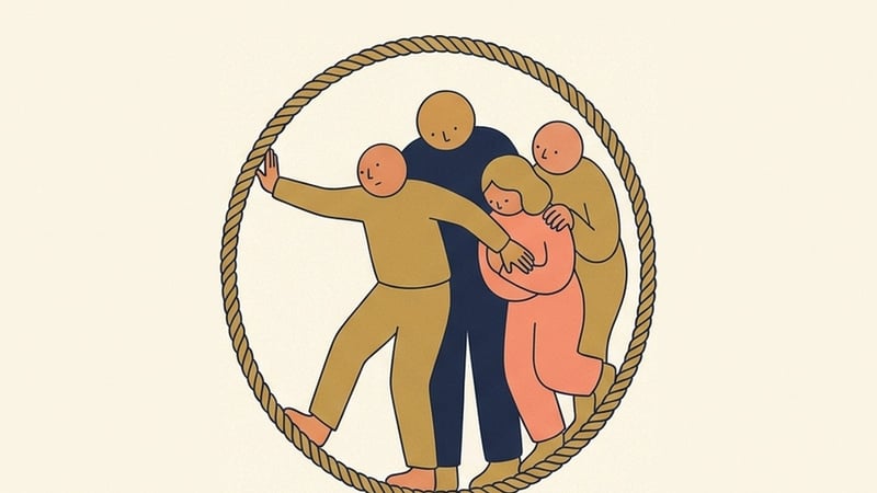 A minimalist illustration of four stylized figures supporting each other inside a circular rope.