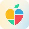 An abstract logo featuring an apple or heart shape divided into four colorful segments: yellow, blue, red, and green, with a small green leaf on top.