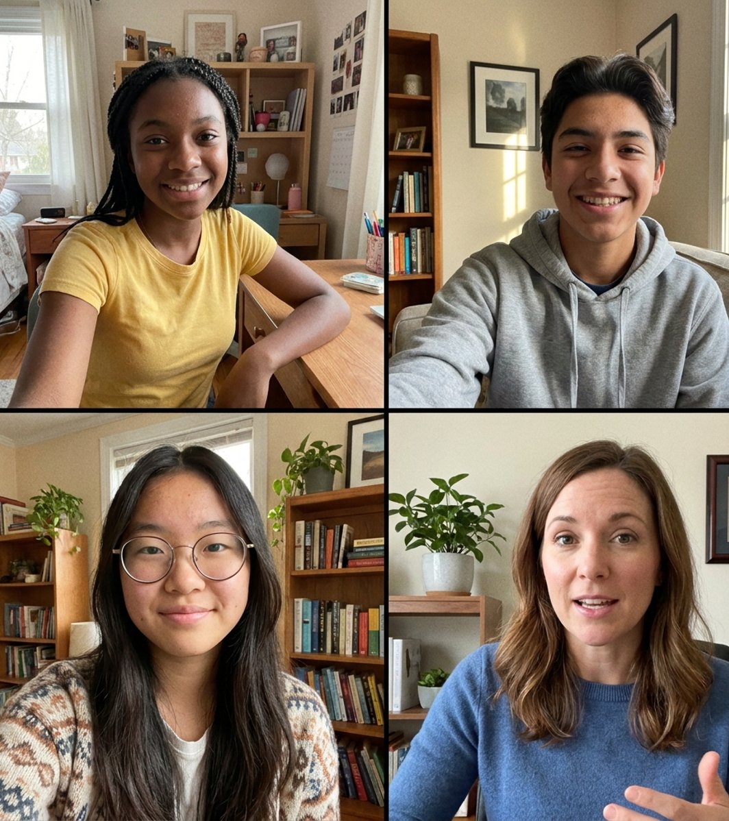 An adult woman is speaking to three teenagers (two girls and one boy) during a virtual meeting, with all individuals looking engaged and smiling. They are shown in a grid format, each in a separate home or office setting.