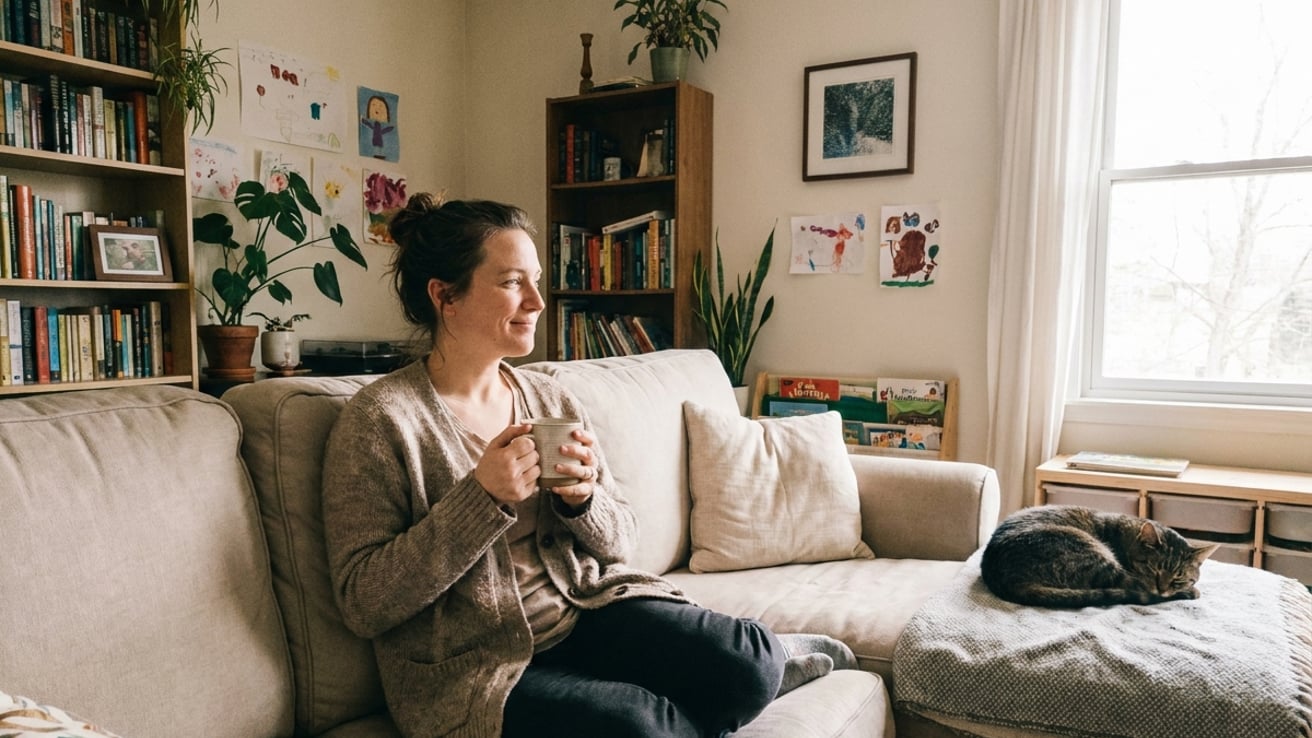 An adult woman who is experiencing parental burnout sits on a cozy living room couch with a cat nearby