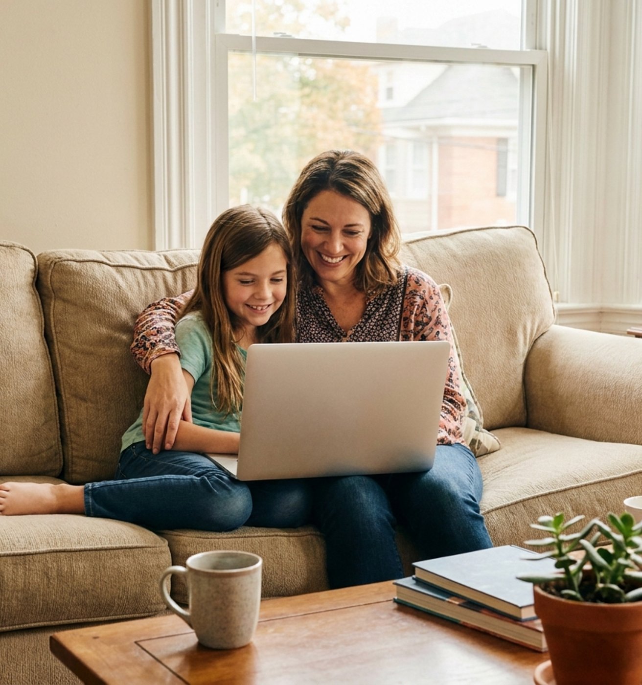 An adult and a young child are sitting closely on a comfortable light-colored sofa, both smiling while looking at a silver laptop screen. The adult has an arm around the child in a cozy home living room setting with natural light from a window.