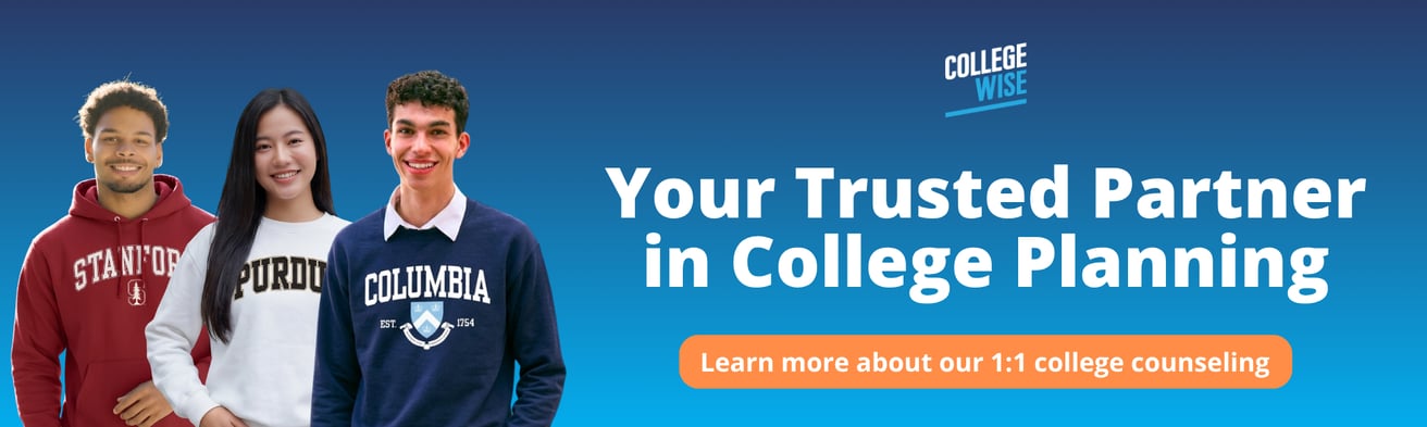 Three smiling young adults wearing college sweatshirts stand next to text promoting college planning services against a blue gradient background.