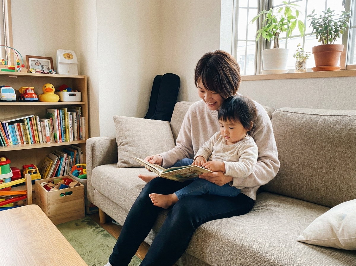 An adult sits on a beige sofa holding a young child on their lap while reading a book together in a cozy room filled with toys.