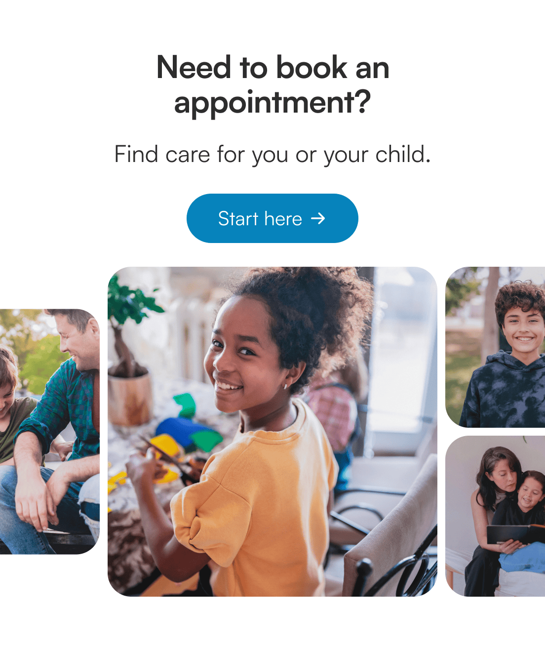 A collage of four positive scenes: a young girl cutting paper for an art project indoors, an adult and a pre-teen smiling together outdoors, a pre-teen boy smiling at the camera outdoors, and an adult reading a book with a young girl indoors. The images evoke warmth and engagement among children and adults.