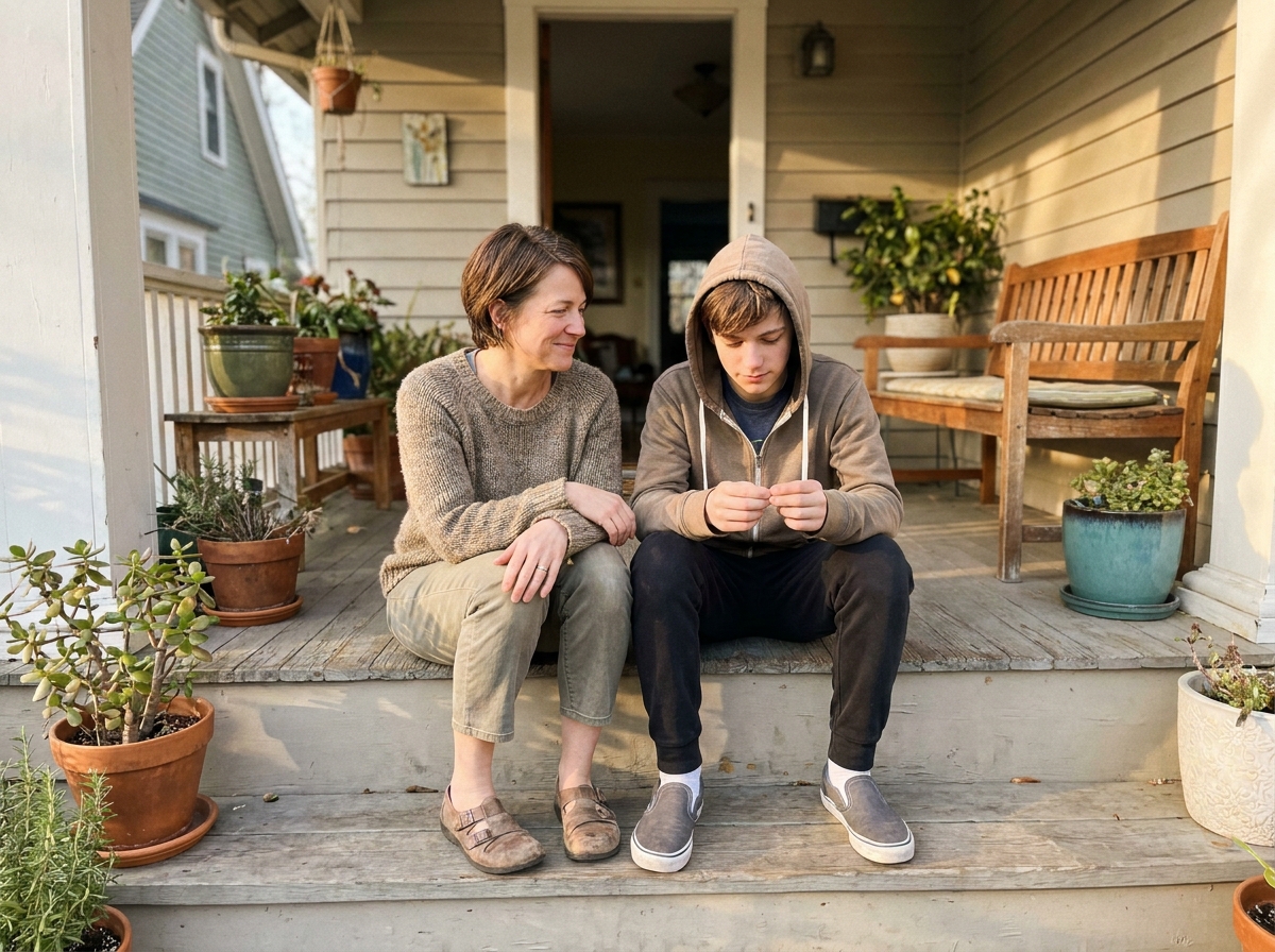 An adult woman sits on a wooden porch next to a teenage boy wearing a hoodie, looking at him with a supportive expression while he looks down thoughtfully.