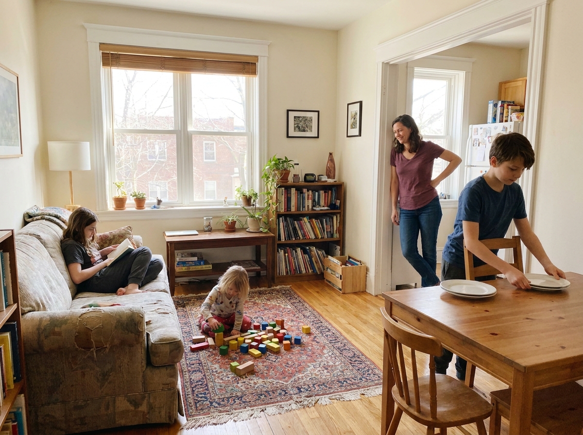 A family spends a quiet afternoon at home, with a teen reading on the couch, a young child playing with blocks on the rug, and another teen setting the dining table while an adult watches warmly from the doorway.