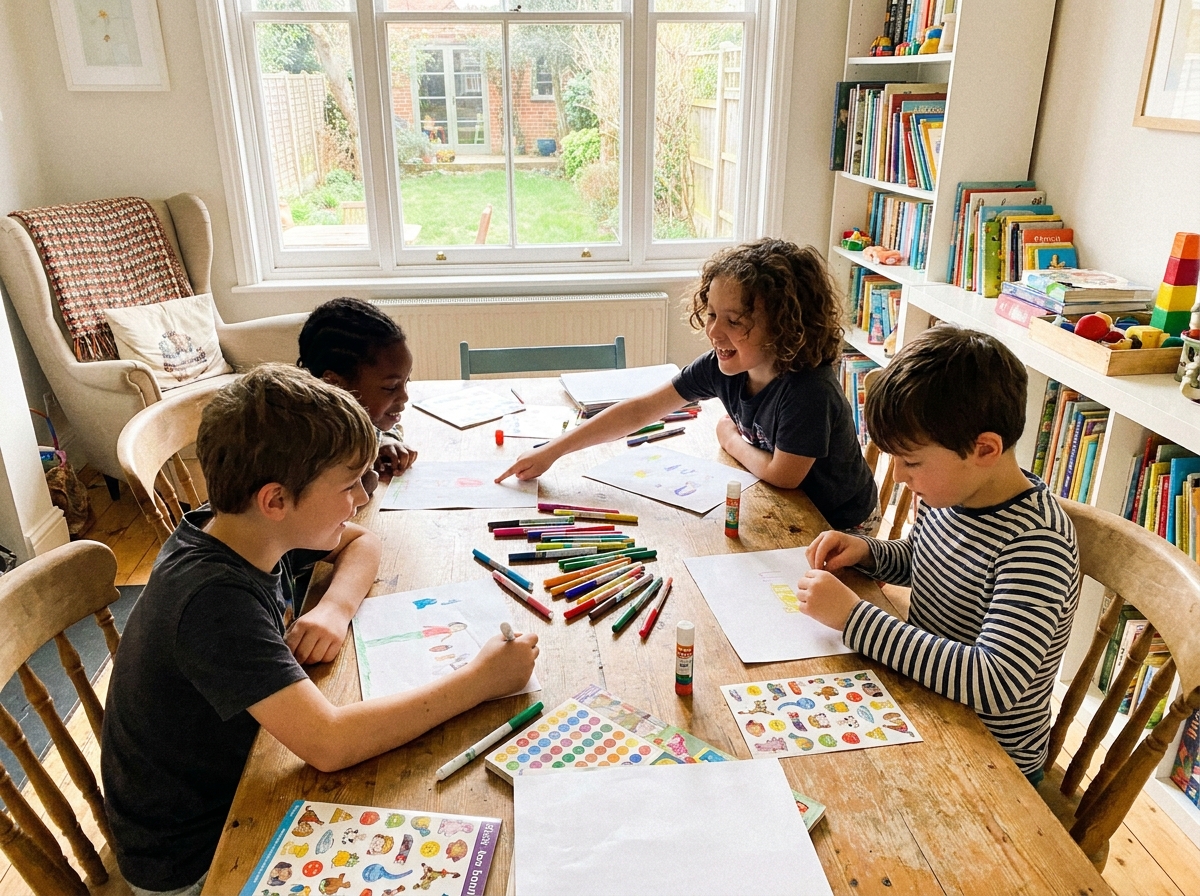 Four elementary-aged children are sitting together around a wooden table, drawing and coloring with markers and stickers. They are smiling and engaged, with one child pointing at another's artwork, in a bright, inviting indoor setting with a large window and bookshelves.