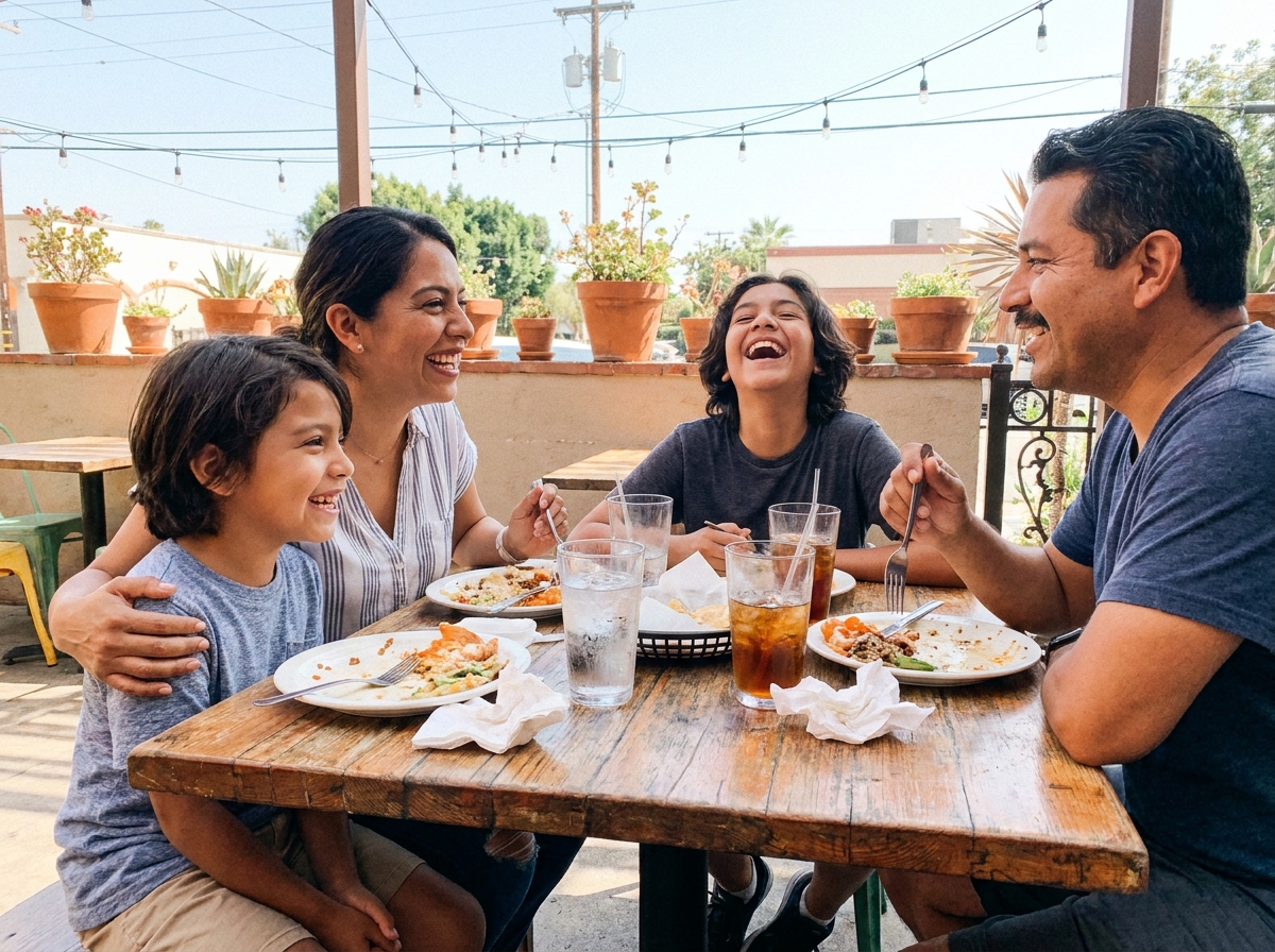 A family of four, including two adults, a pre-teen, and a young child, are happily eating a meal together at an outdoor restaurant. Everyone at the wooden table is smiling and laughing, enjoying their time under string lights.