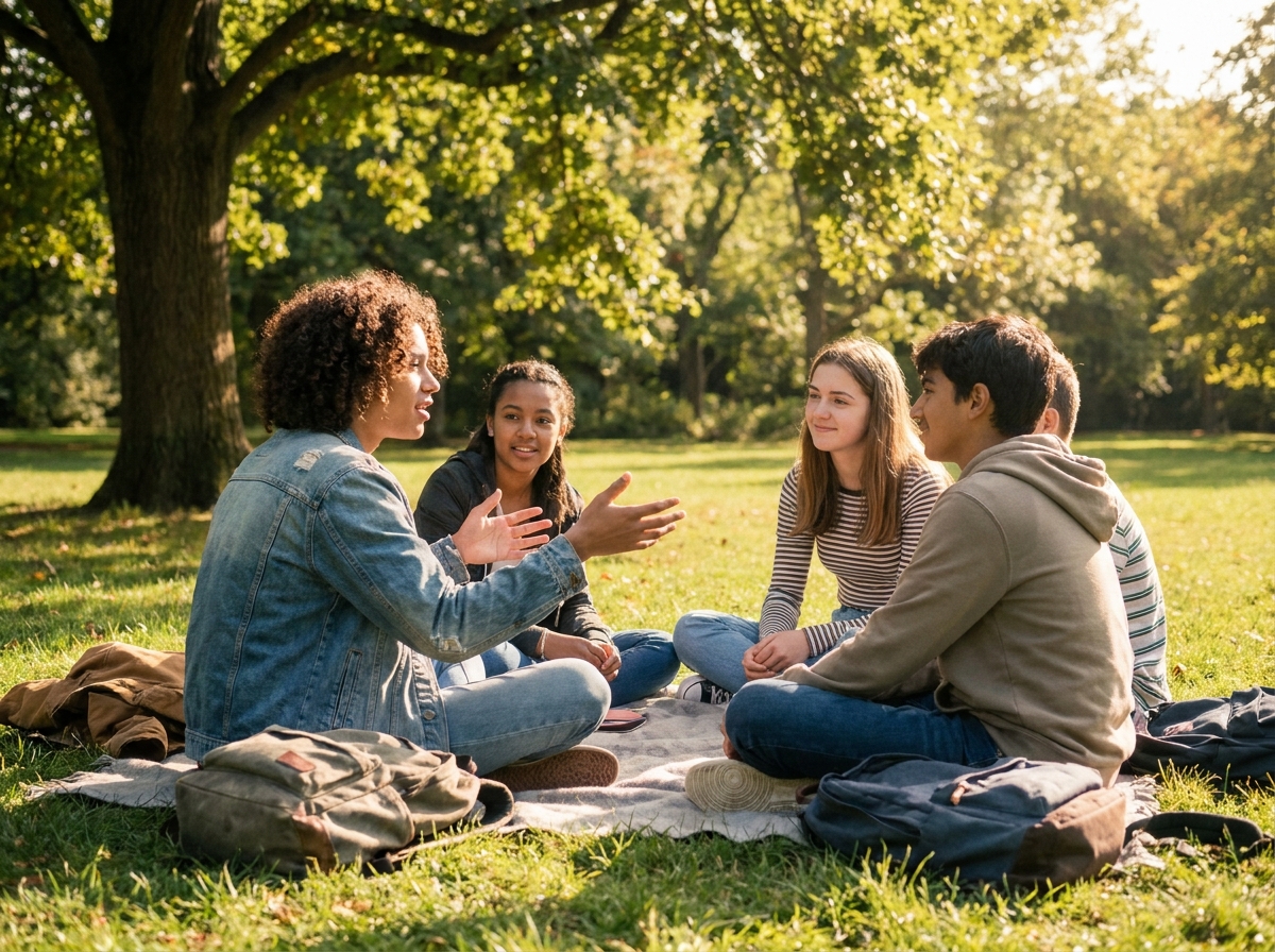 Four teens are sitting in a circle on a blanket in a sunny park, engaged in a group conversation. One teen is actively speaking with hand gestures, while the others listen attentively with positive expressions.
