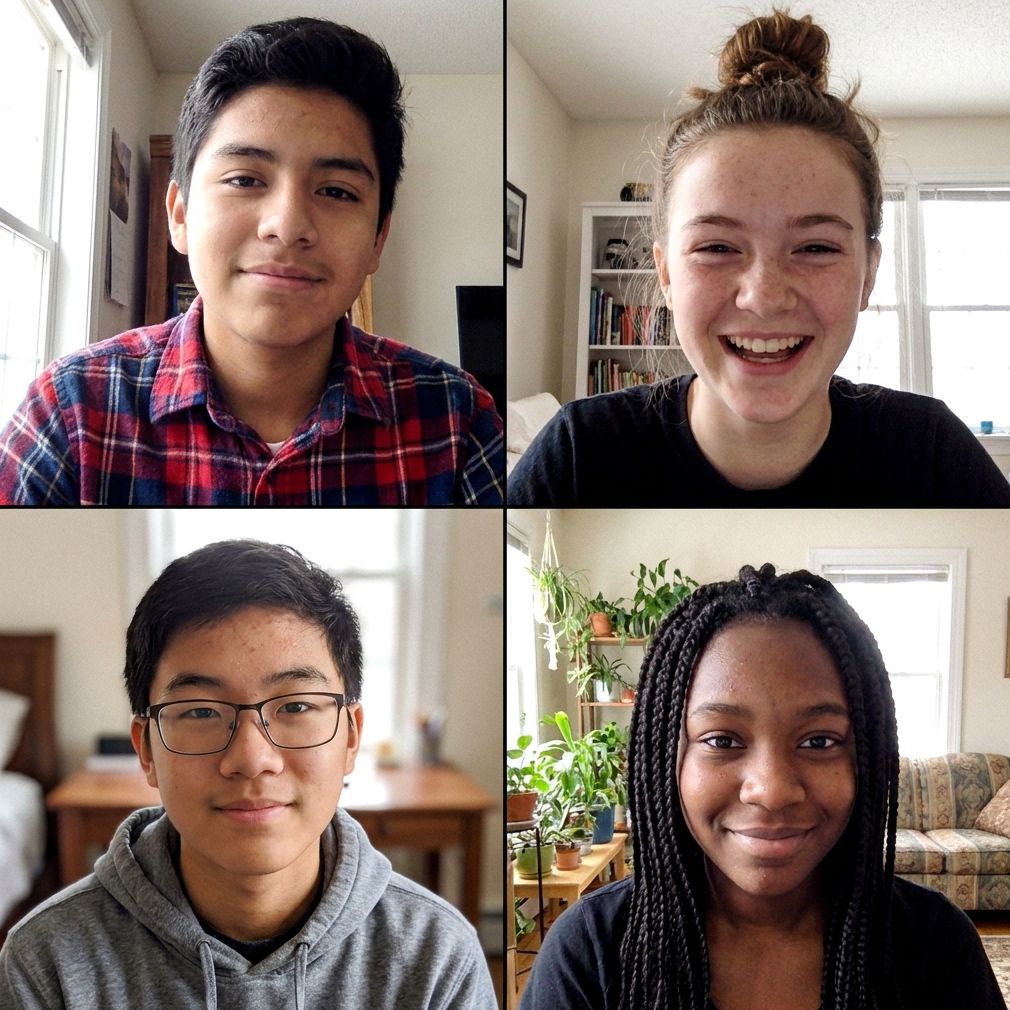 A grid of four smiling teens or young adults in individual video call frames, each in their home setting. The top right individual is laughing cheerfully, while the others offer friendly, engaged smiles, conveying a positive virtual interaction.