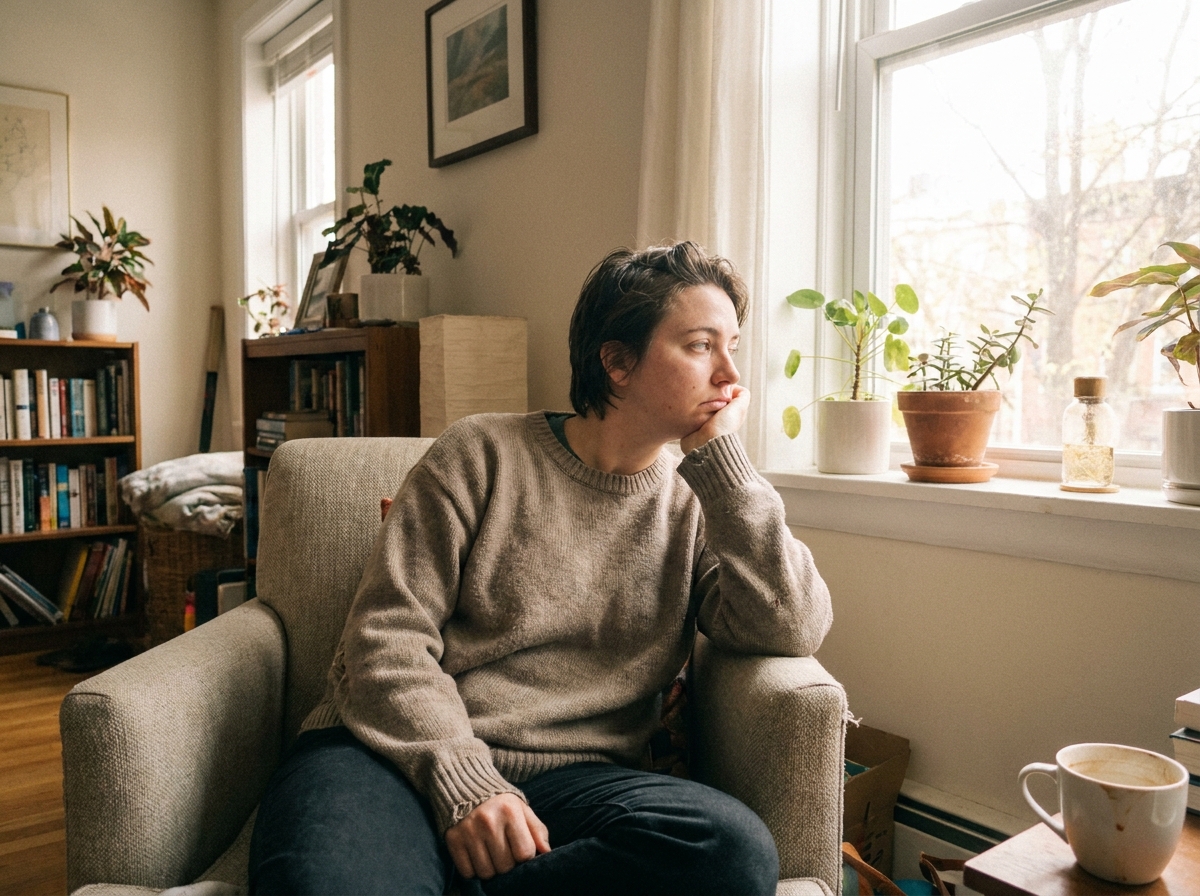 A pensive young adult sits in an armchair at home, resting their chin on their hand while looking out a window.