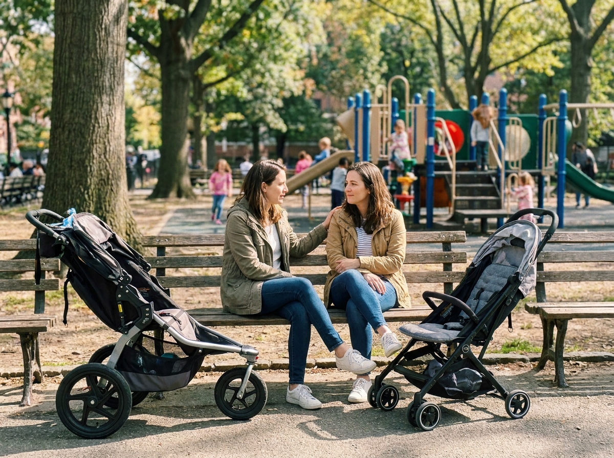Two adult women sit on a park bench talking supportively, with strollers nearby and children playing on a playground in the background.