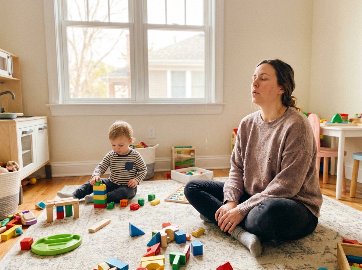 An adult sits cross-legged with eyes closed, practicing mindful breathing on a rug in a playroom while a toddler plays nearby with colorful building blocks.