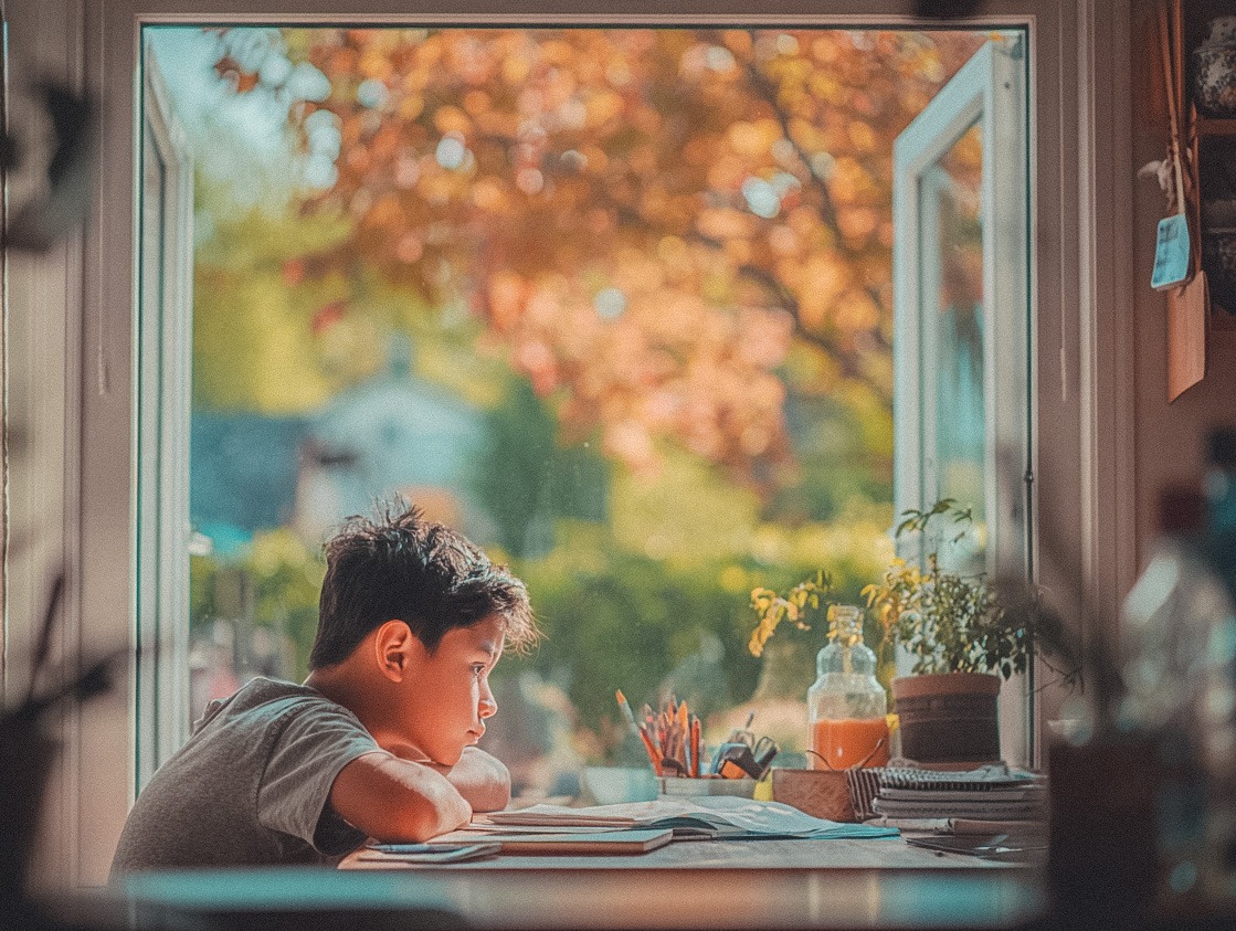 Young kid with ADHD working on homework